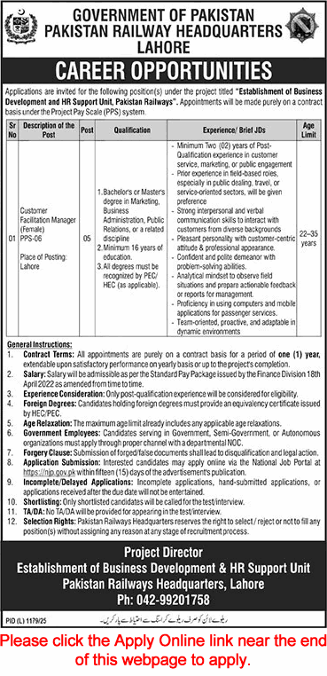 Customer Facilitation Manager Jobs in Pakistan Railways Lahore November 2025 Apply Online Latest