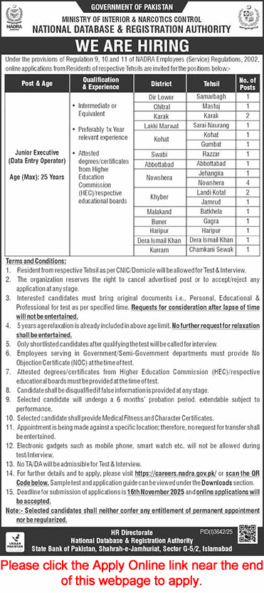 Junior Executive Jobs in NADRA KPK November 2025 Apply Online Walk in Test / Interview Latest