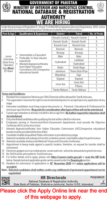NADRA Sindh Junior Executive Jobs November 2025 Walk in Test / Interview Apply Online Latest