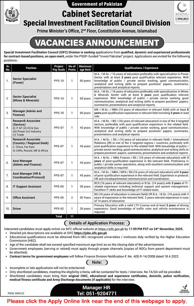 Special Investment Facilitation Council Islamabad Jobs November 2025 Apply Online SIFC Cabinet Secretariat Latest