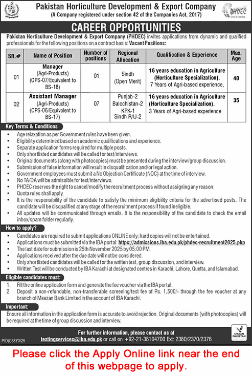 PHDEC Jobs November 2025 Apply Online Pakistan Horticulture Development and Export Company Latest