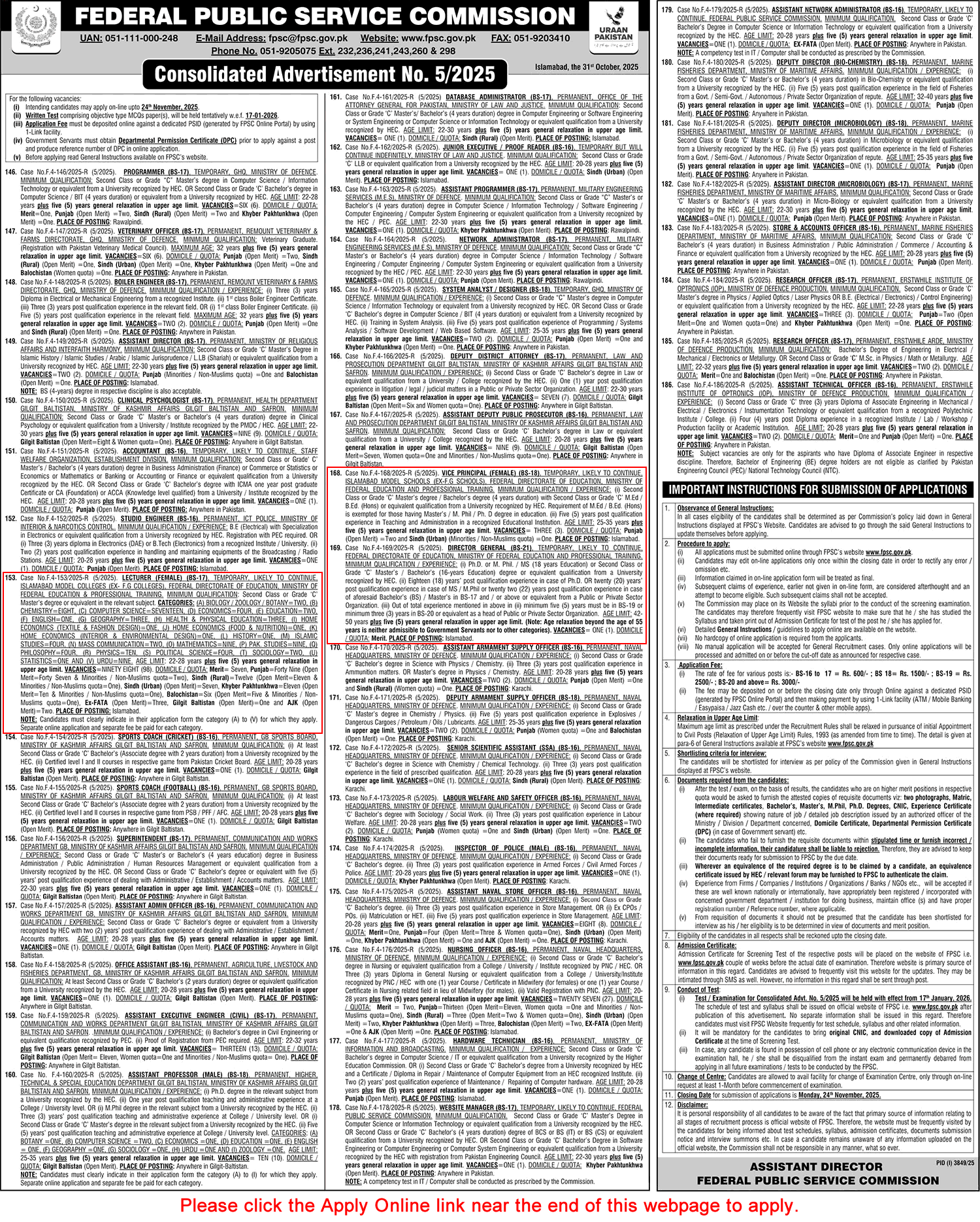 Federal Directorate of Education Jobs November 2025 FPSC Apply Online Lecturers & Others FDE Latest