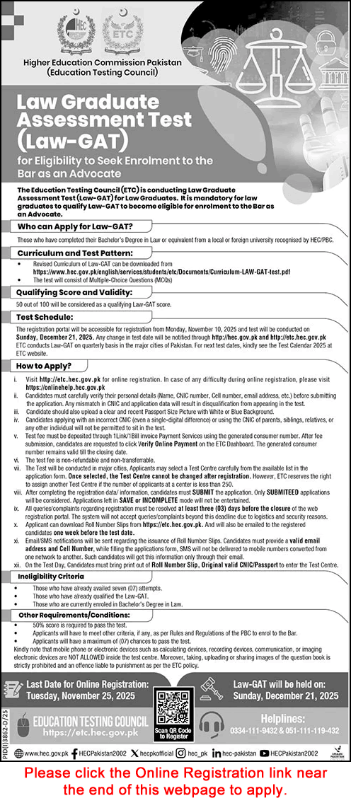 HEC Law GAT Test November 2025 Online Registration Date / Schedule / Syllabus Latest