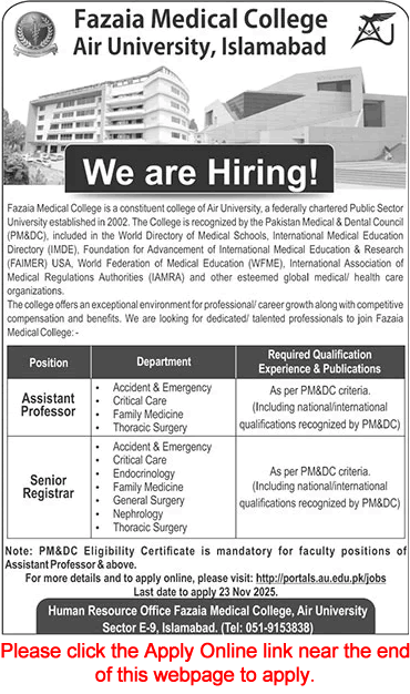 Fazaia Medical College Islamabad Jobs November 2025 Apply Online Teaching Faculty Air University Latest