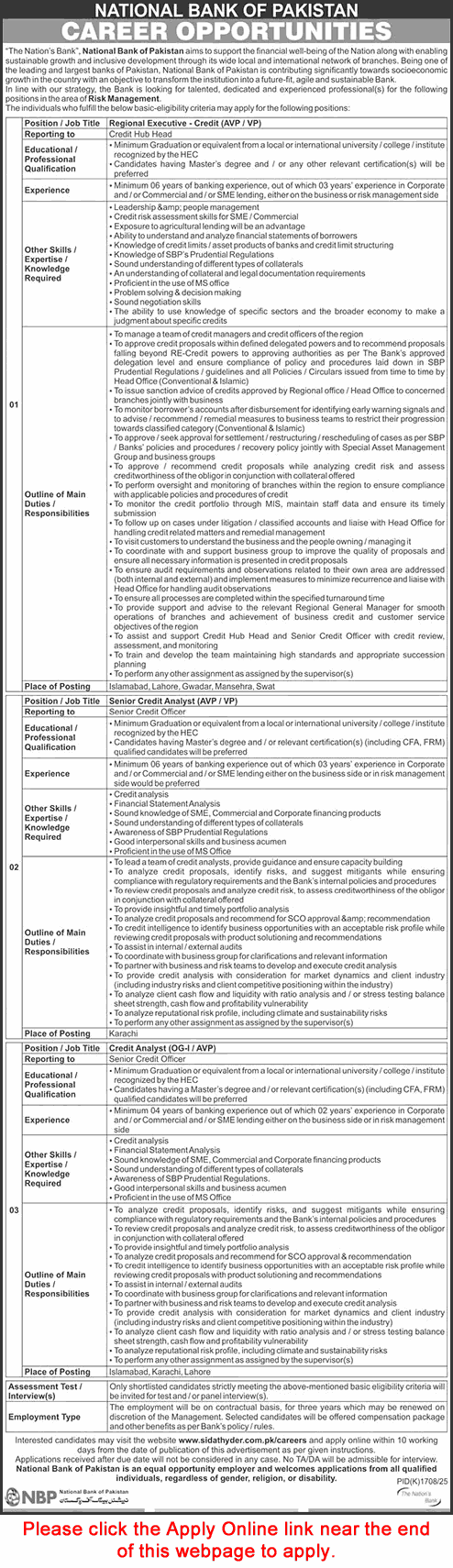 National Bank of Pakistan Jobs November 2025 Apply Online Credit Analysts & Regional Executive Latest