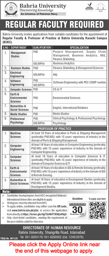 Bahria University Karachi Jobs November 2025 Apply Online Teaching Faculty BKUC Latest