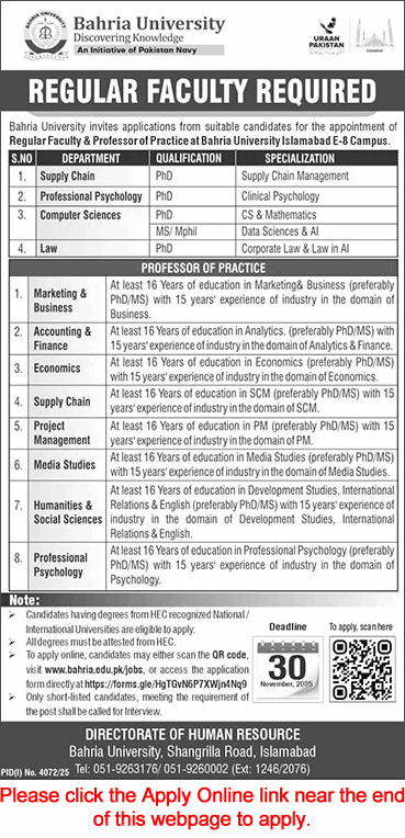Bahria University Islamabad Jobs November 2025 Apply Online Teaching Faculty Latest