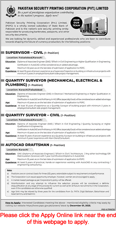 Pakistan Security Printing Corporation Jobs November 2025 Apply Online Quantity Surveyor, Civil Supervisor & Auto CAD Draftsman Latest