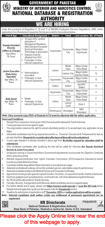NADRA Jobs November 2025 Central Punjab Apply Online Junior Executives / DEO & Others Latest