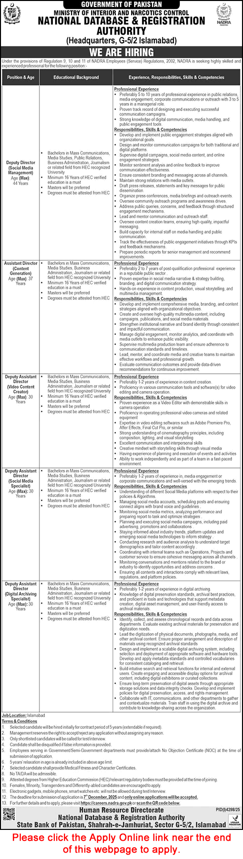 NADRA Islamabad Jobs November 2025 Apply Online Deputy / Assistant Directors Latest