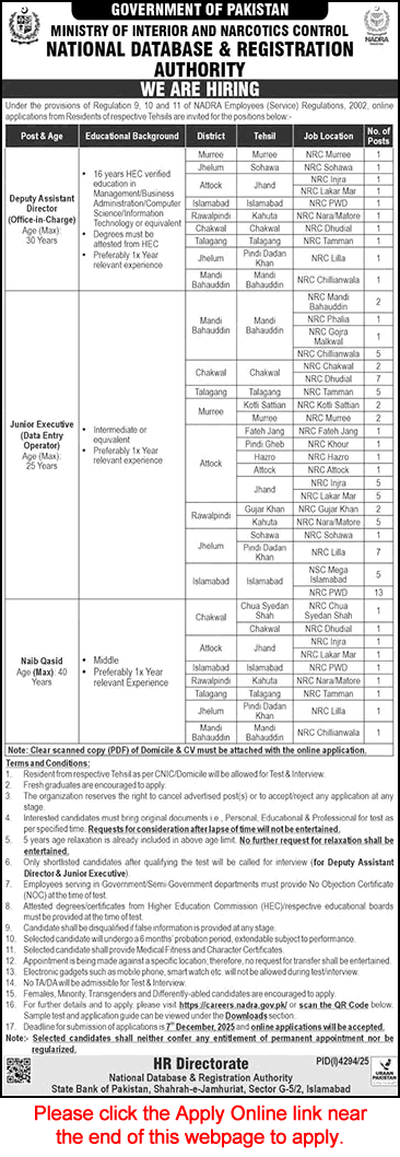 NADRA Jobs November 2025 North Punjab Apply Online DEO / Junior Executives & Others Latest