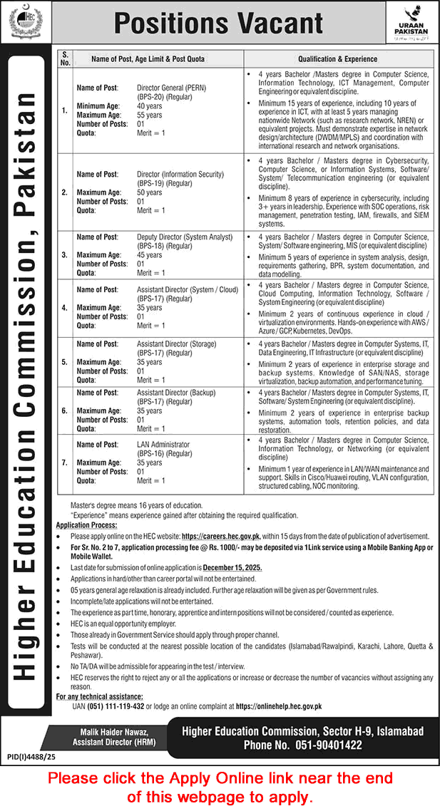 HEC Jobs November 2025 December Apply Online Assistant Directors & Others Higher Education Commission Latest