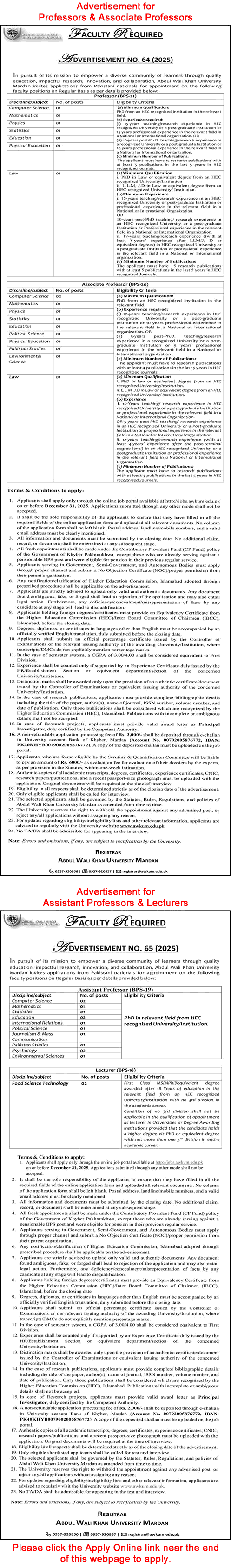 Abdul Wali Khan University Mardan Jobs December 2025 Apply Online Teaching Faculty AWKUM Latest