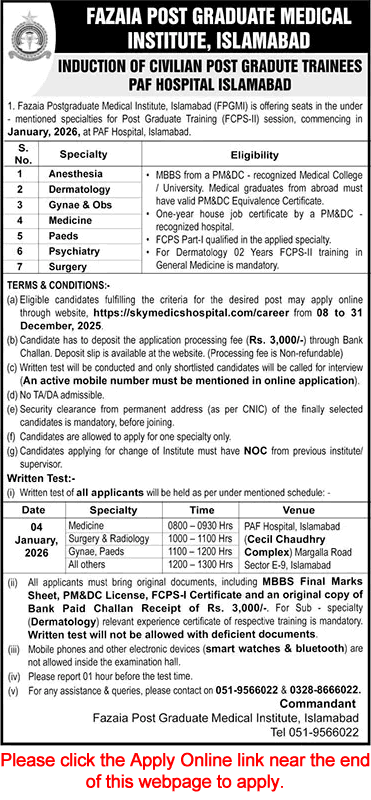 Fazaia Postgraduate Medical Institute Islamabad FCPS Postgraduate Training December 2025 Apply Online PAF Hospital Latest