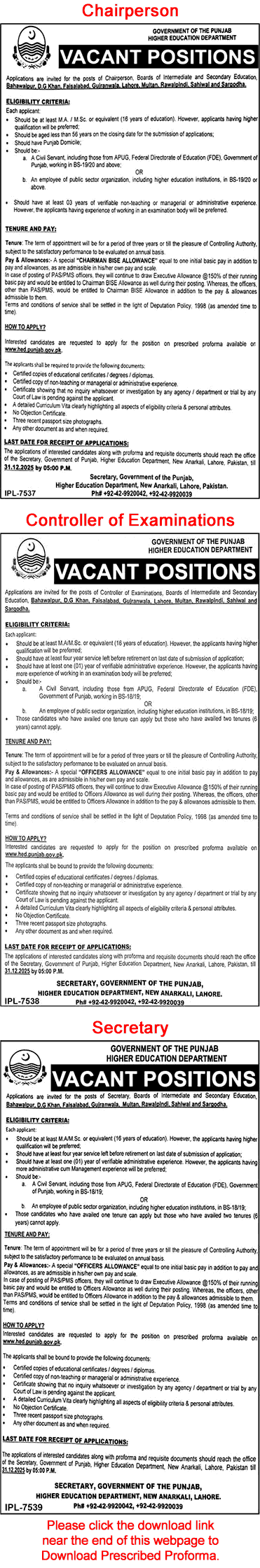 Higher Education Department Punjab Jobs December 2025 Application Form Chairman, Controller of Examinations & Secretary Latest
