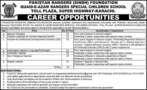 Quaid e Azam Rangers Special Children School Karachi Jobs 2025 December Teachers & Others Pakistan Rangers Foundation Latest