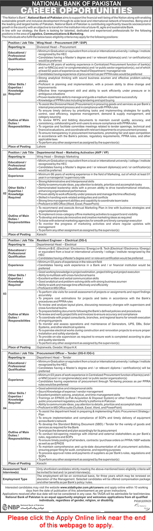 National Bank of Pakistan Jobs December 2025 / 2026 Apply Online Electrical Engineers & Others NBP Latest