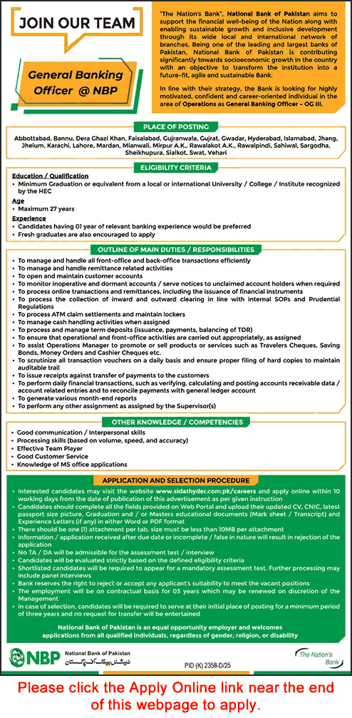 General Banking Officer Jobs in National Bank of Pakistan 2026 Apply Online NBP GBO Latest