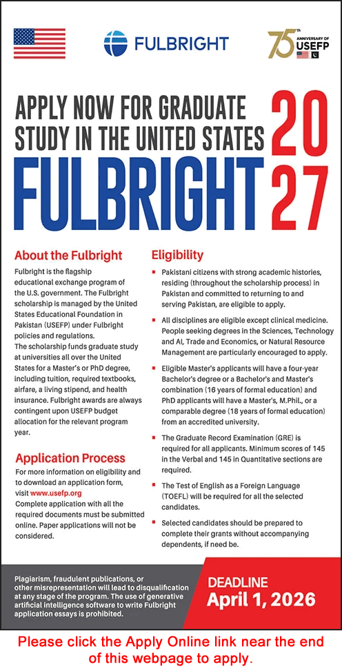 Fulbright Scholarship 2027 for Pakistani Students USEFP USA Online Application Form Latest