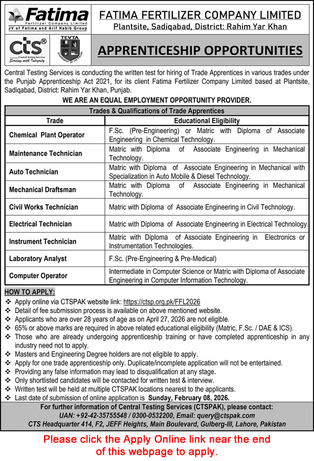 Fatima Fertilizer Apprenticeships 2026 CTS Online Apply FFCL Jobs Plant Site Saqidabad Rahim Yar Khan Latest