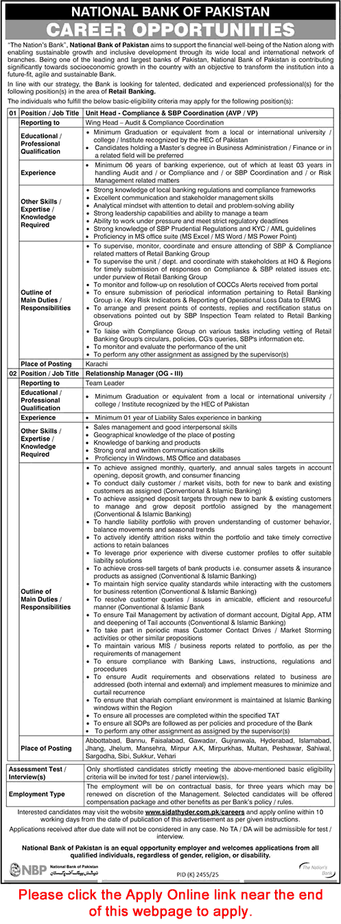 National Bank of Pakistan Jobs 2026 Apply Online Relationship Managers & Unit Head NBP Latest