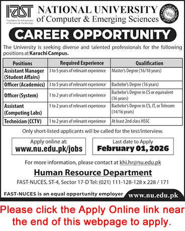 FAST National University Karachi Jobs 2026 Apply Online System Officer, CCTV Technician & Others Latest
