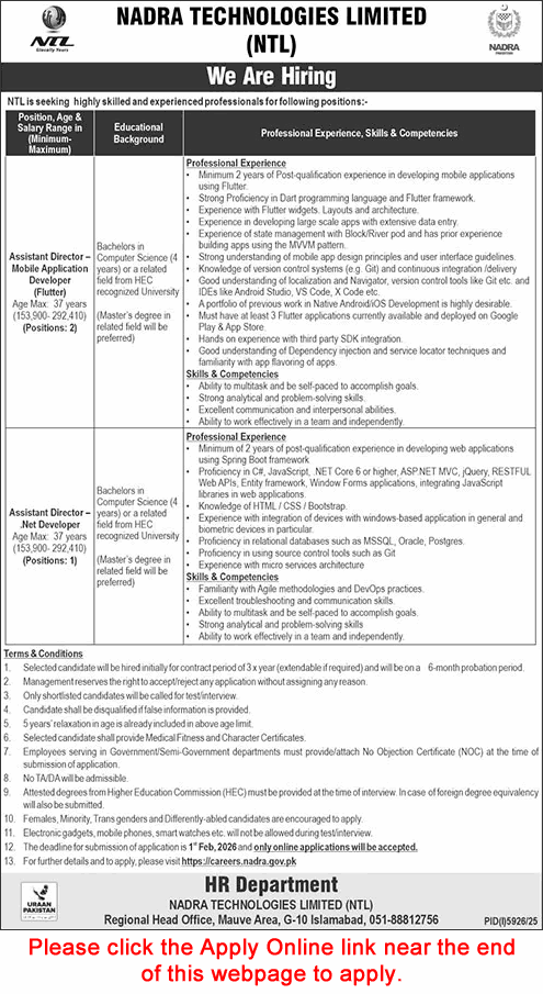 Assistant Director Jobs in NADRA Technologies Limited Islamabad 2026 Apply Online Mobile Application & .Net Developer Latest