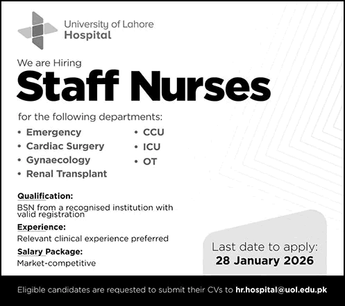 Staff Nurse Jobs in University of Lahore Hospital 2026 UOL Latest