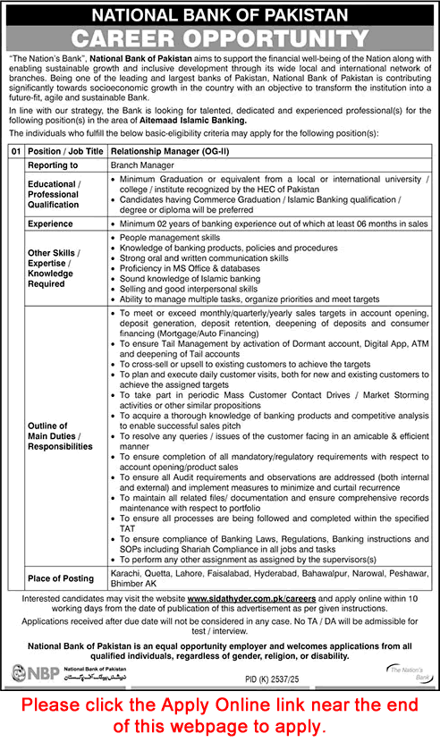 Relationship Manager Jobs in National Bank of Pakistan 2026 Apply Online NBP Latest
