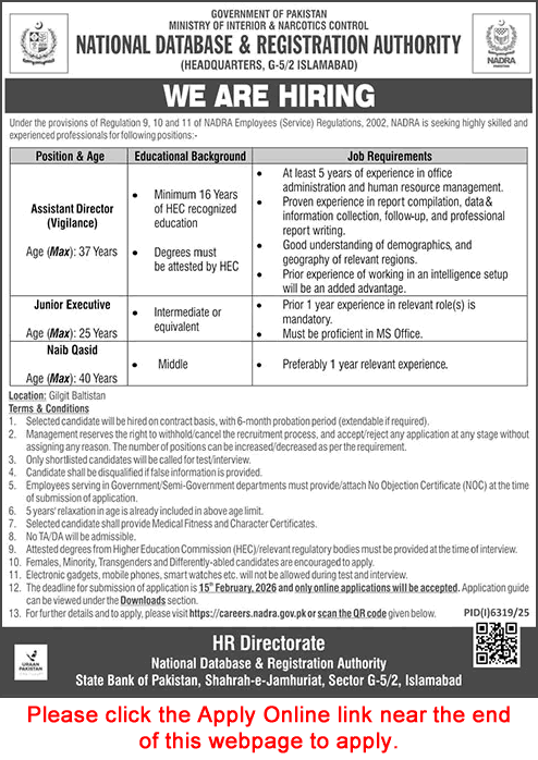 NADRA Gilgit Baltistan Jobs February 2026 Apply Online Junior Executive, Assistant Director & Naib Qasid Latest