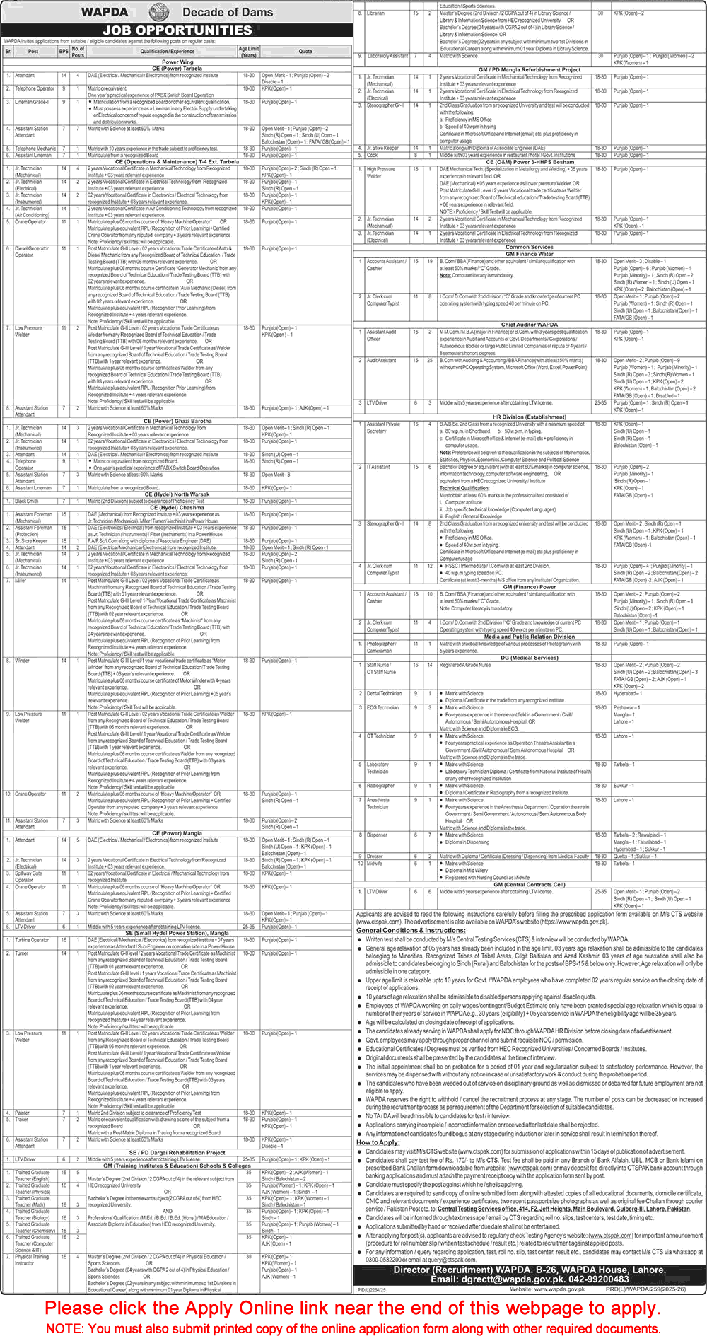 WAPDA Jobs February 2026 CTS Apply Online Water and Power Development Authority Latest