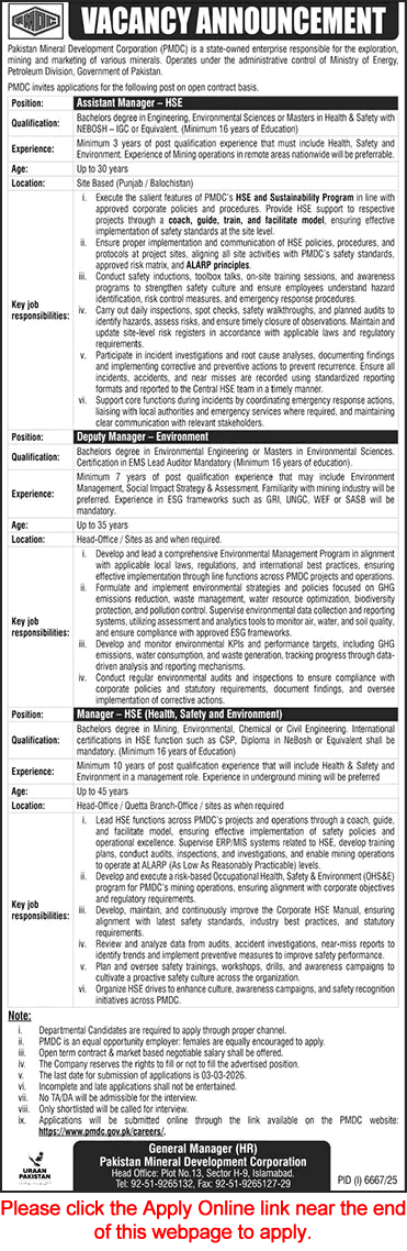 Pakistan Mineral Development Corporation Jobs 2026 February Apply Online Assistant Manager & Others PMDC Latest