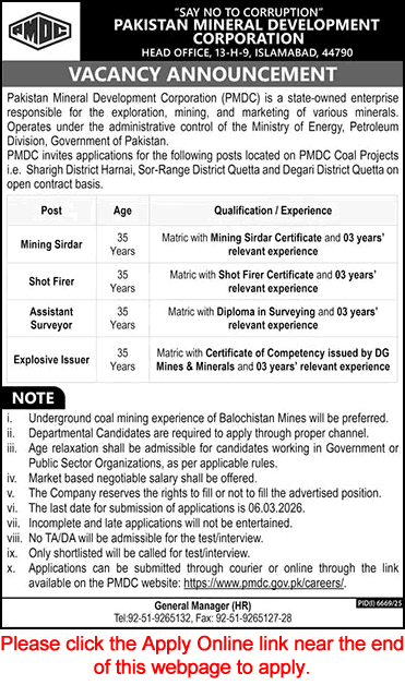 Pakistan Mineral Development Corporation Balochistan Jobs 2026 February Apply Online Assistant Surveyor & Others Latest