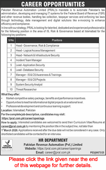 Pakistan Revenue Automation Pvt Ltd Islamabad Jobs February 2026 PRAL Latest