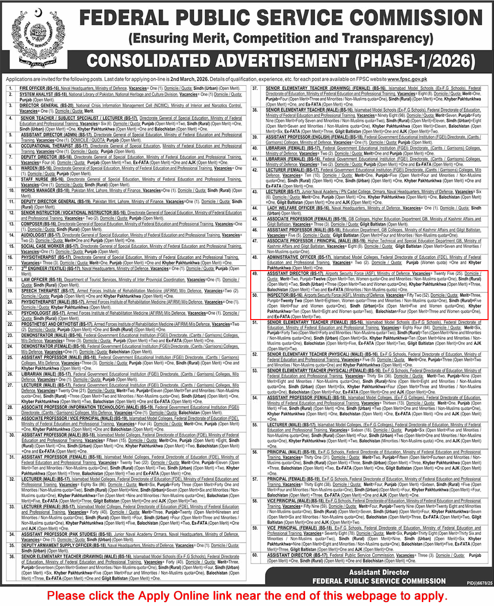Airport Security Force Jobs 2026 February FPSC Apply Online Inspectors & Assistant Directors ASF Latest
