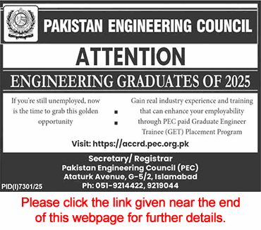 Official Job Advertisement - PEC Graduate Engineer Trainee Placement Program 2026 March Apply Online Pakistan Engineering Council Latest
