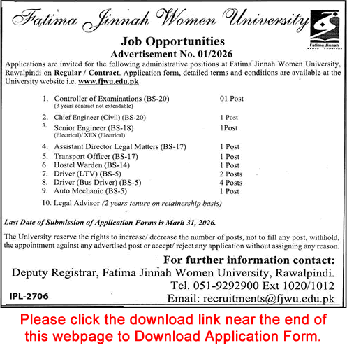 Fatima Jinnah Women University Rawalpindi Jobs 2026 March Application Form FJWU Latest