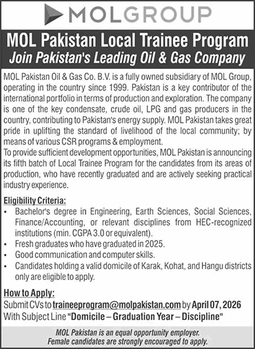 MOL Pakistan Local Trainee Program 2026 March / April for Fresh Graduates Latest