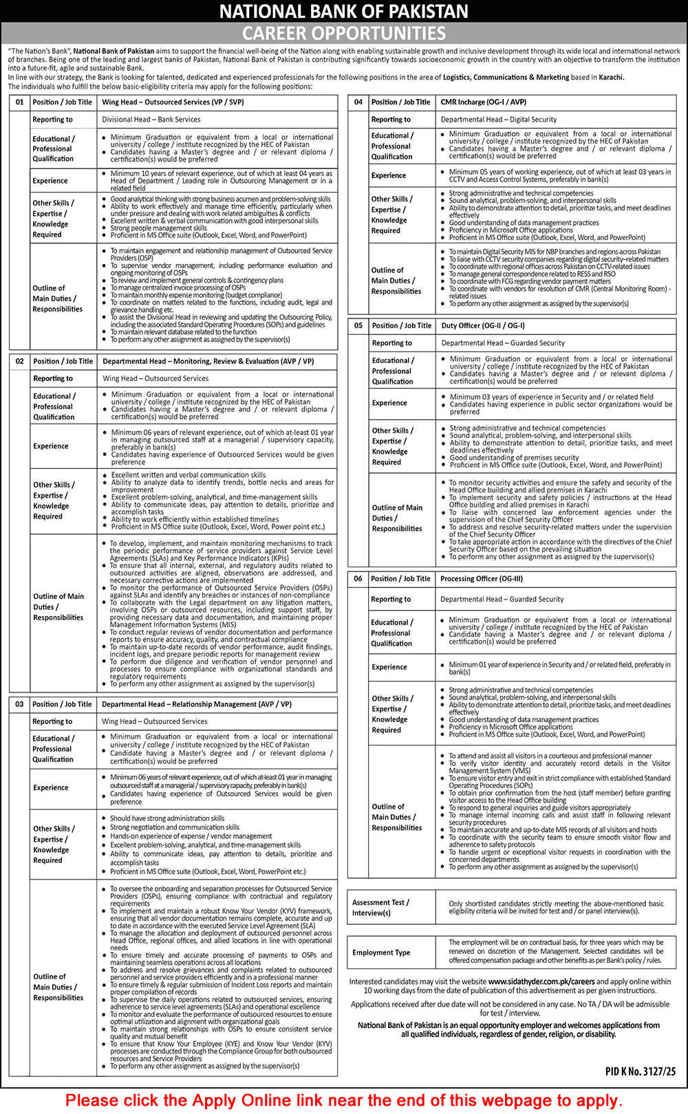 National Bank of Pakistan Jobs March 2026 April Apply Online Processing / Duty Officer & Others Latest