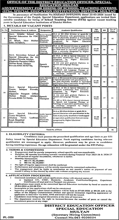 School Teaching Intern Jobs in Punjab Special Education Department Multan April 2026 STIs Latest