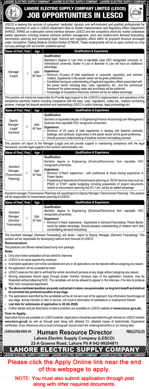 LESCO Jobs April 2026 Apply Online Assistant / Deputy Managers WAPDA Latest