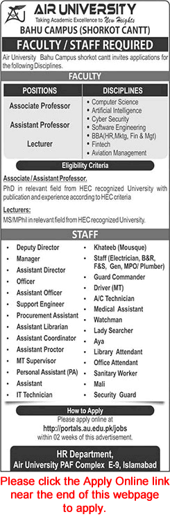 Air University Bahu Campus Shorkot Cantt Jobs 2026 April Apply Online Teaching Faculty & Others Latest