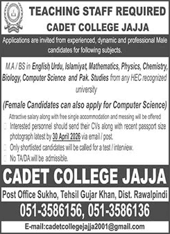 Teaching Faculty Jobs in Cadet College Jajja 2026 April Latest