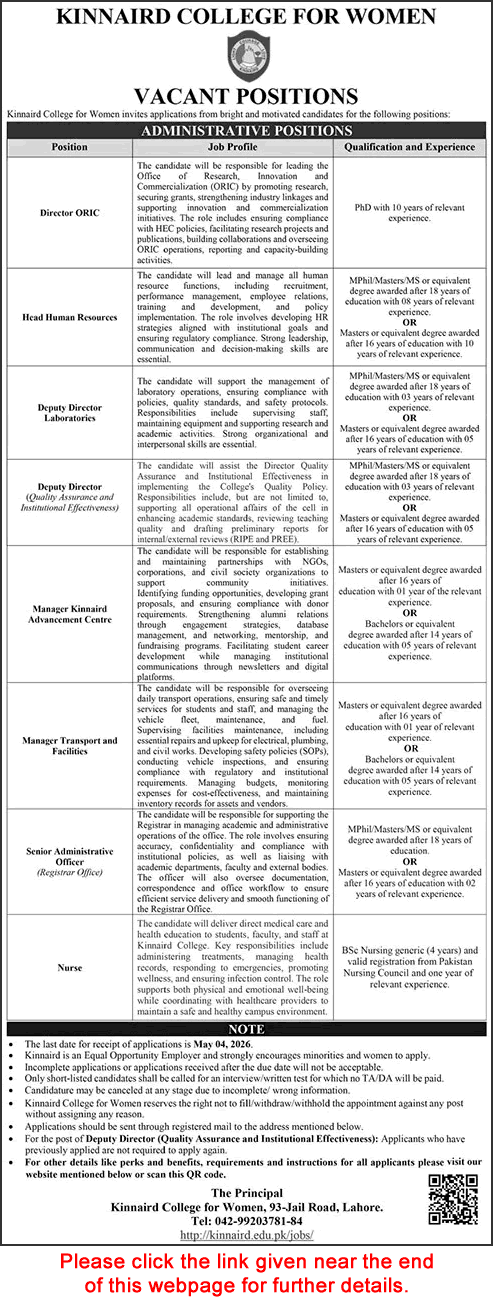 Kinnaird College for Women Lahore Jobs April 2026 Admin Officer, Managers & Others KCW Latest