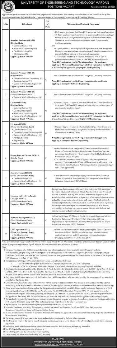 UET Mardan Jobs April 2026 Application Form Teaching Faculty & Others Latest