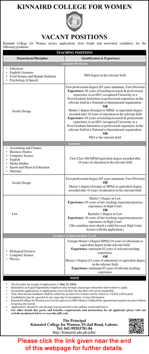 Kinnaird College for Women Lahore Jobs April 2026 May Teaching Faculty KCW Latest