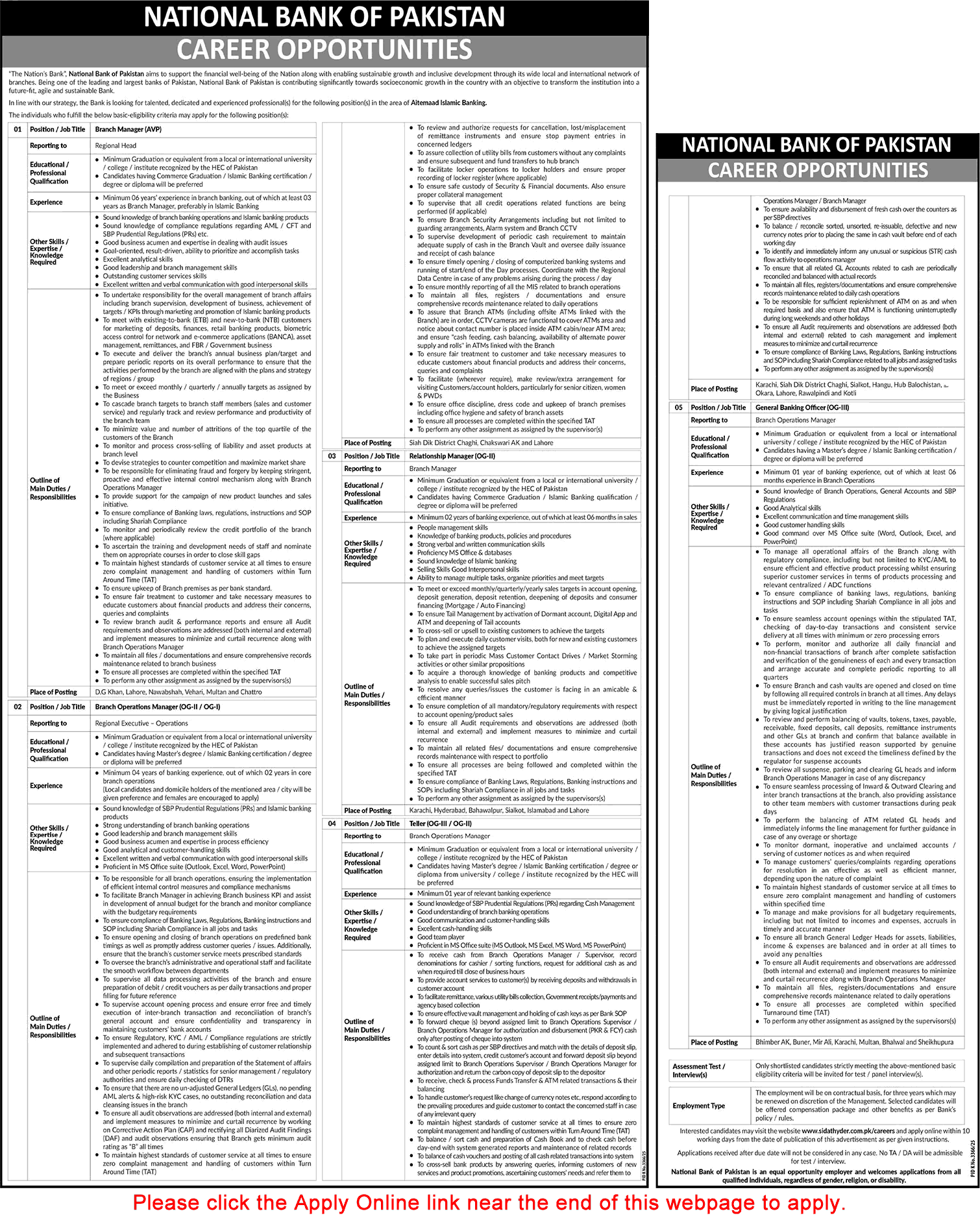 National Bank of Pakistan Jobs April 2026 May Apply Online Tellers, General Banking Officers & Others Latest