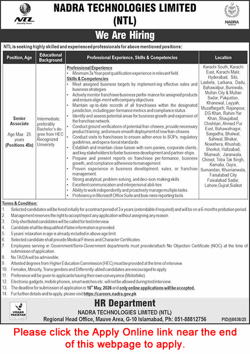 Senior Associate Jobs in NADRA Technologies Limited April 2026 May Apply Online National Technologies Limited Latest