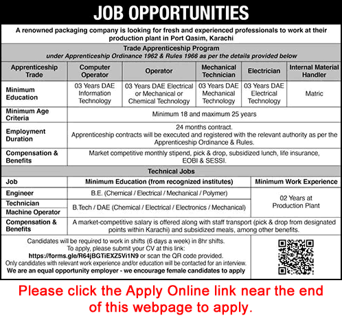 Packaging Company Jobs in Karachi April 2026 May Apply Online Apprentices, Engineers, Technicians & Machine Operator Latest