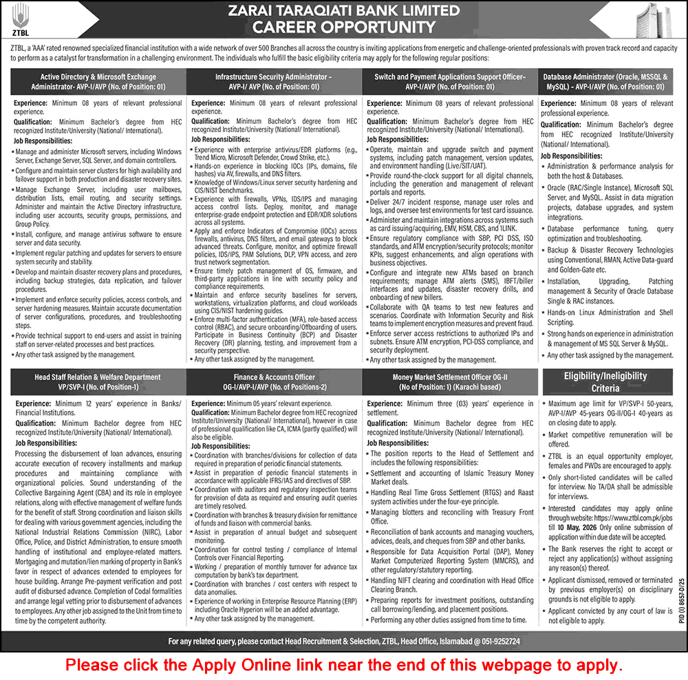 ZTBL Jobs April 2026 May Apply Online Database Administrator, Finance / Accounts Officer & Others Latest